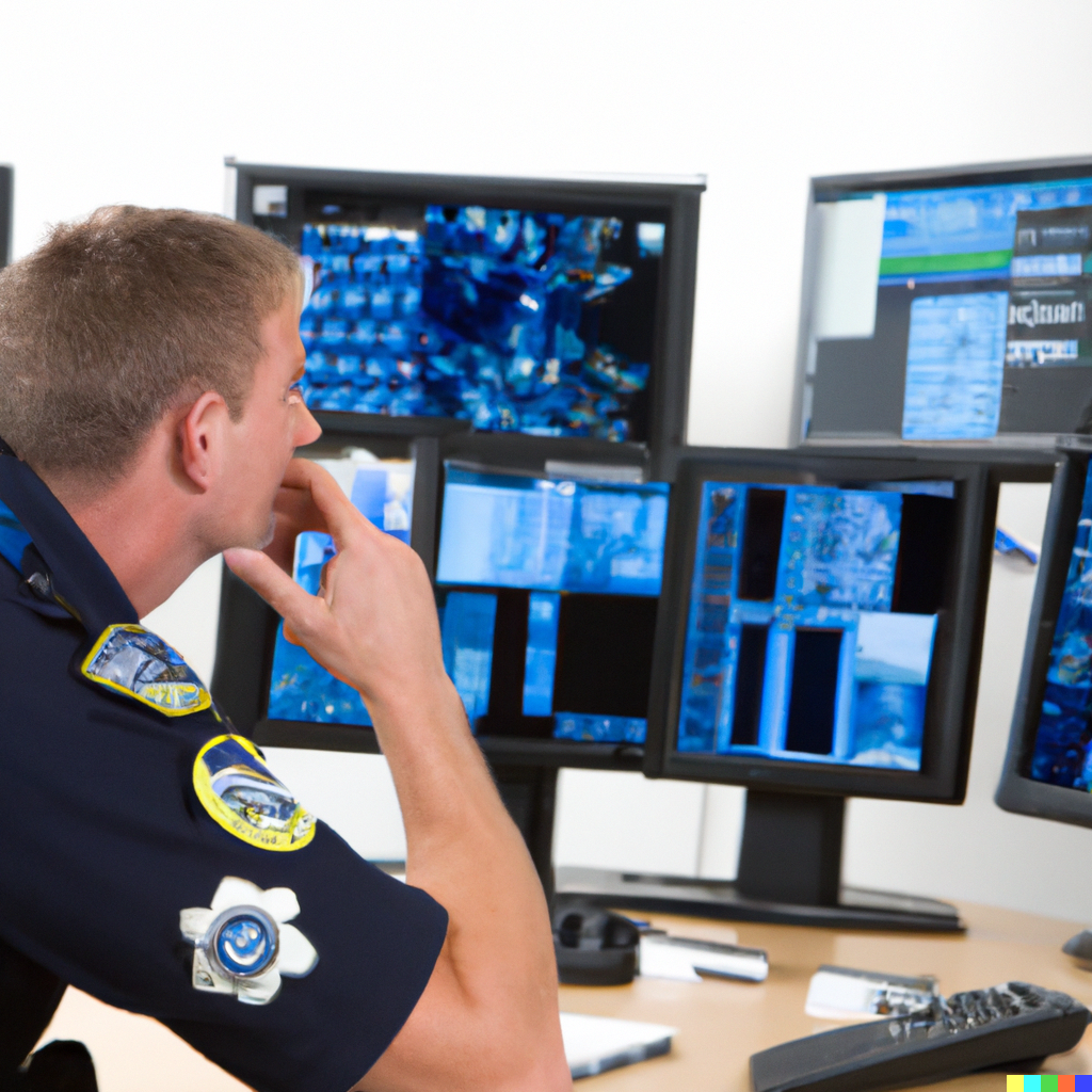 Leveraging AI Prompt Engineers And Police Investigation Software To   DALL·E 2023 03 15 14.41.31   Police Officer Looking At Multiple Computer Screens 